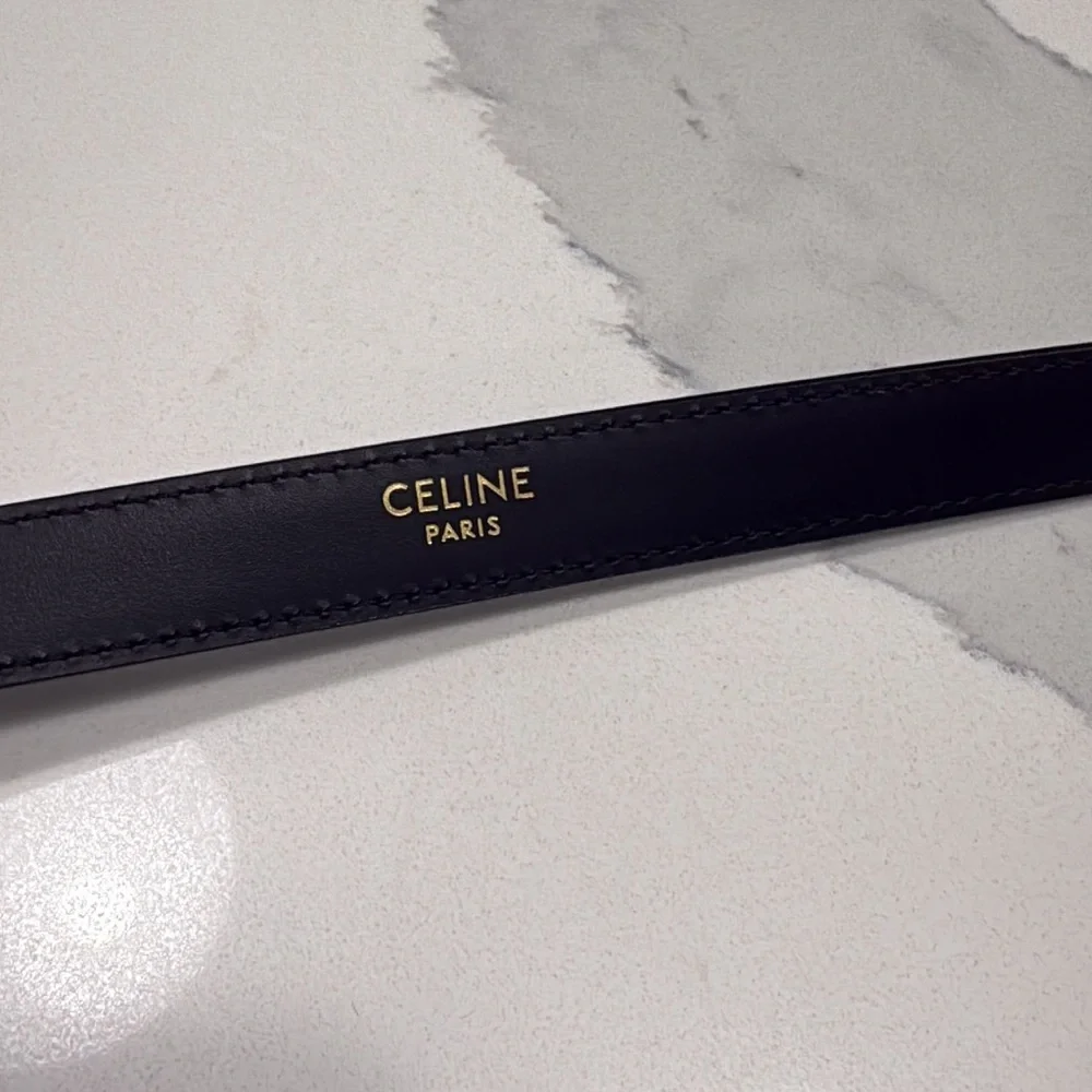 Celine Black Leather Belt with Gold-Tone Signature Buckle
